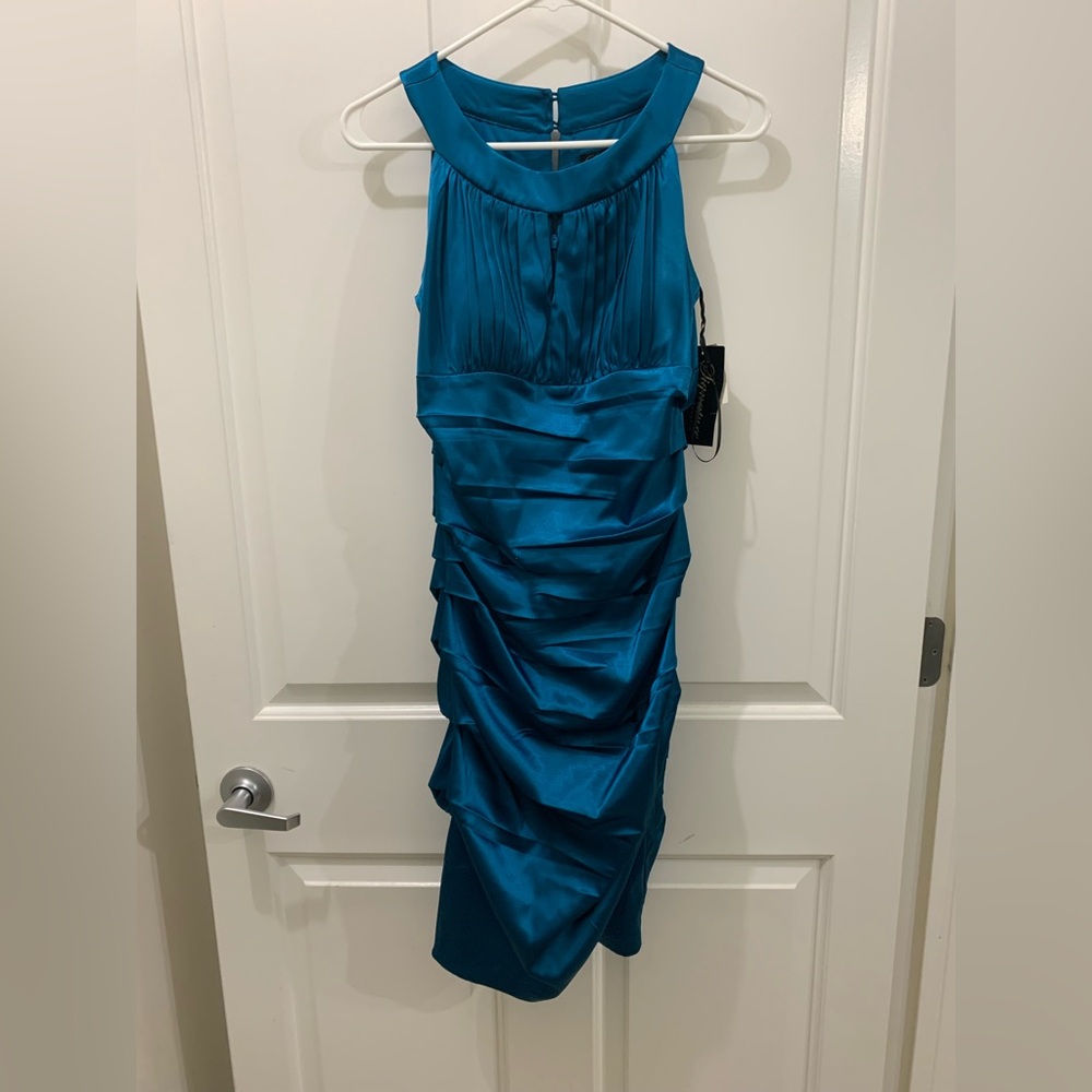NWT Sangria Womens Blue Teal Satin Dress Size 6